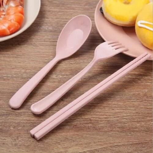 2021 New Tableware 3pc/set Dinnerware Sets Eco-friendly Wheat Straw Long Handle Fork Spoon Chopsticks Cutlery With Organizer Box