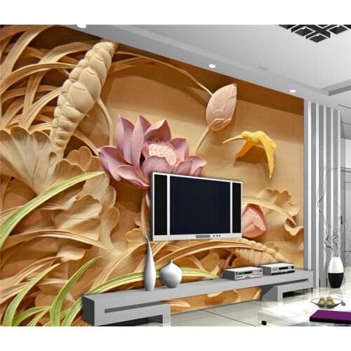 Wholesale - Wholesale-Wood carving lotus mural TV backdrop 3d wallpaper flower 3d wallpaper living room Home Decoration