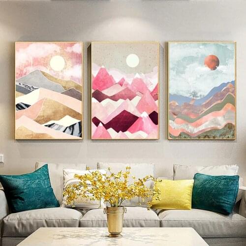 Nordic Abstract Golden Sun Geometric Mountain Landscape Canvas Print Wall Art Poster Picture Bedroom Living Room Decoration