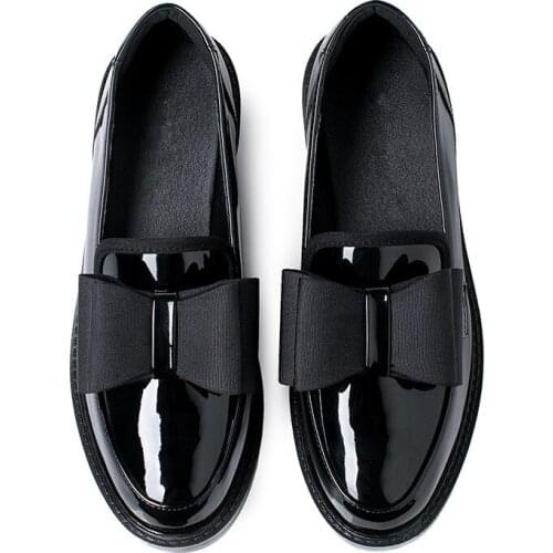 Womens Shoes Butterfly-knot Patent Leather Thick Heel Round Toe Fashion Womens Loafers Female Flats Slip-On OULYYYOGO