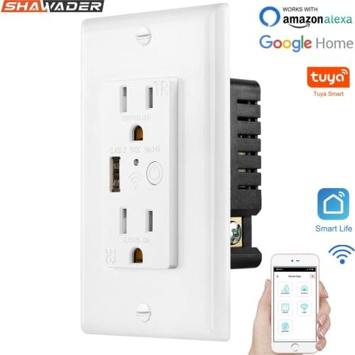 Smart WiFi USB Wall Outlet US Electrical 2 Way Sockets 10A 5V 2.4A Port Charger Remote Control by Tuya APP Alexa Google Home