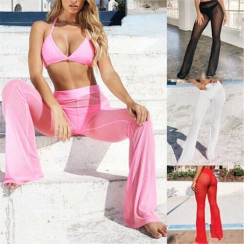 Women Beach Cover Up Ruffle Pants New Mesh Sheer Bikini Cover Up Trousers Swimwear Flare High Waist See Through Pant Beach Wear