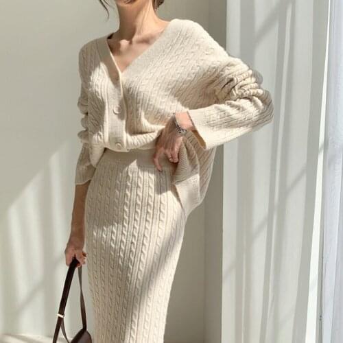 Autumn Winter High Quality Knit 2 Piece Set Women V Neck Knitted Twisted Loose Cardigan Top + High Waist Midi Skirts Suit