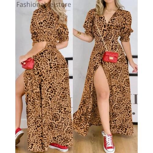 Women V Neck Leopard Print Side Slit High Waist Maxi Dress