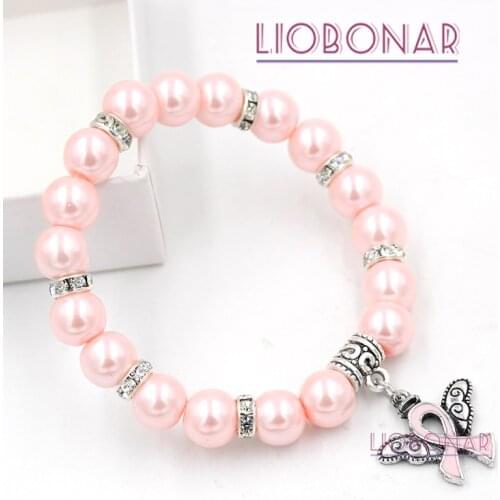 10PCS Wholesale New Breast Cancer Awareness Bracelet Angel Wing Pink Ribbon Pearl Bracelet for Women Girl Pulsera Bijoux