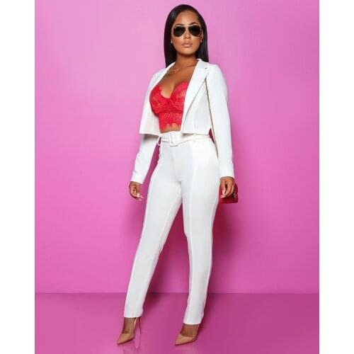 2021 Simple Deep V Neck Blazer Suit 2 Piece Set Women Sexy Buttonless Slim Office Commute Short Blazer Set Pencil Pants Suit Set