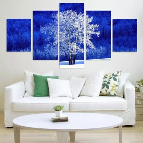 5 Panel White Tree and Blue Background Snow Scenery for Home Living Room Decor High Quality Artwork