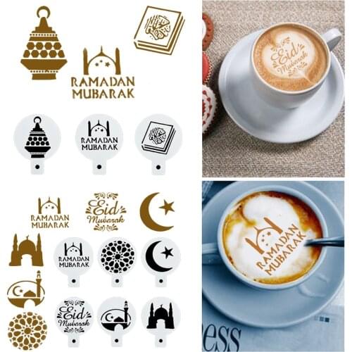 8pcs Ramadan Decoration Coffee Printing Model Cake Cupcake Cappuccino Template Strew Pad Baking Tools Eid Mubarak Party Decor