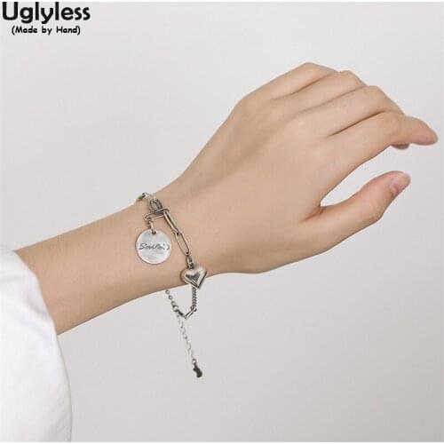 Uglyless Ins Instagram Stylish Heart-shape Smile Medal Bracelets for Women 925 Silver Chains Bracelets Glossy Silver Jewelry