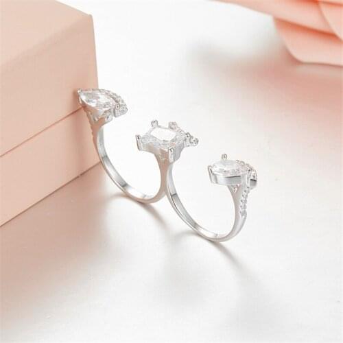 Pure 925 Sterling silver Double Finger Opening Rings For Women Pave Setting Zircons Adjustable Open Cuff Two Finger Ring 2018