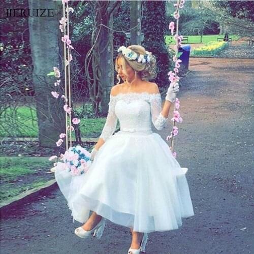 JIERUIZE White Lace Appliques Tea Length Wedding Dresses Off the Shoulder 3/4 Sleeves Ball Gown Bride Dresses Wedding Gowns