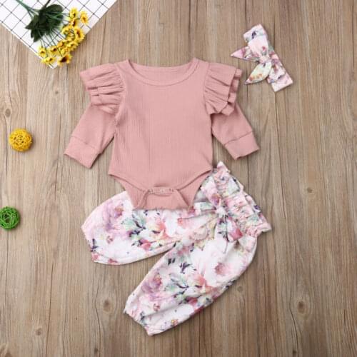 New Infant Baby Girl Clothes Headband And Romper Top And Floral Pants Legging Outfit Baby Spring Autumn Clothing 0-24M