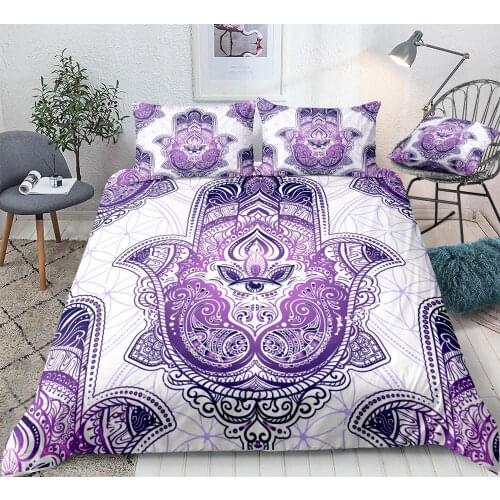 Hamsa Hand Bedding Set Purple Boho Duvet Cover Set 3 Pieces Hand of Fatima Quilt Cover Mandala Bedding Queen Bed Set Dropship