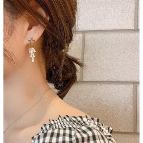 Korean Kpop TV Star Luxury Rhinestone Five-Pointed Star Tassel Drop Earrings For Women Girls Fashion Party Jewelry Gifts