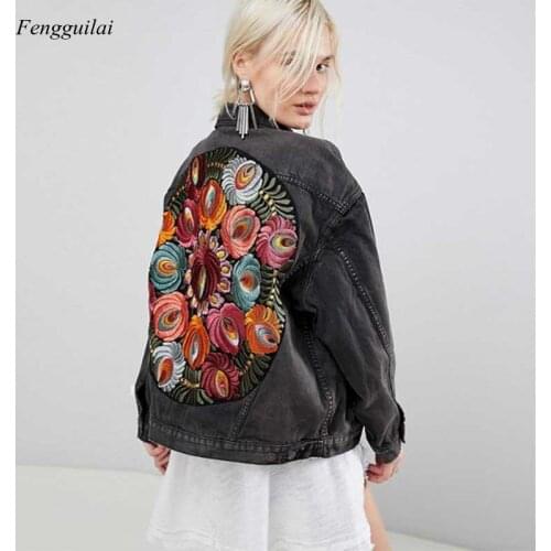 Floral Embroidery Denim Jacket Women Cowboy Long Sleeve Turn Down Collar Casual Denim Coat Streetwear Outwear