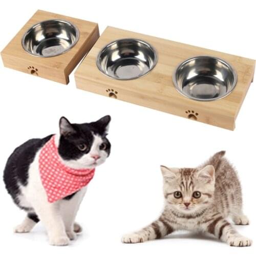 Pet Dog Single/Double Bowl Bamboo Stent Stainless steel Food Water Feeding Bowl for Dogs Cats Puppy Tableware Pet Supplies C42