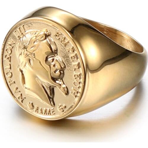 Stainless Steel Gold Napoleon Empereur Coin Men Big Ring Punk Jewelry Francs Sculpture Shape Size 7-15 Wholesale Drsopshipping