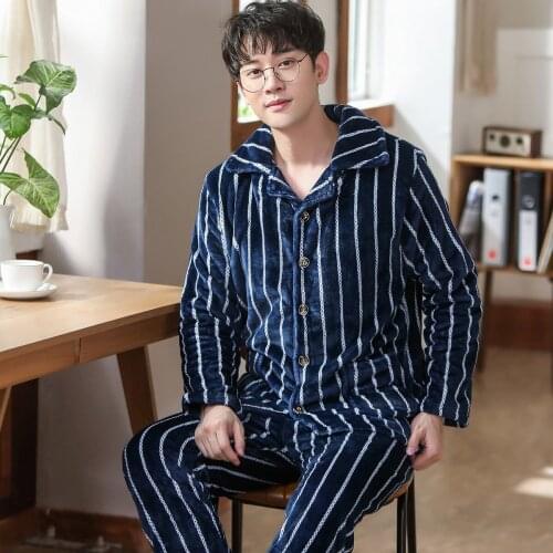 Mens Winter Thicken Warm Flannel Pajamas Sets Male Long Sleeve Plus Size Pajamas Stripe Sample Sleepwear Homewear Casual Pyjama