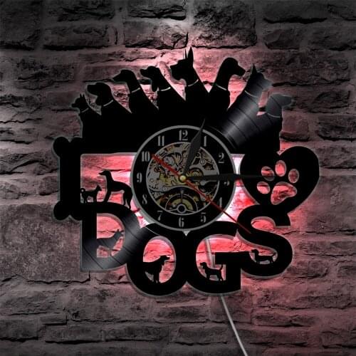 I Lover Dogs Wall Clock Animals Led Wall Lighting Vintage LP Nightlight Wall Art LED Light Handmade Gift For Dog Lover