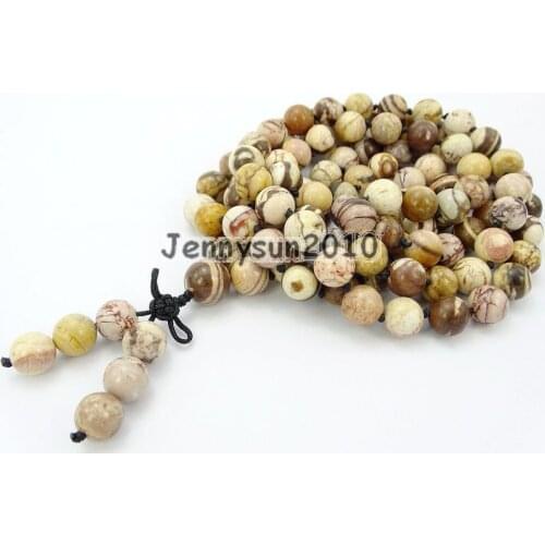 Natural Brown Zebra 10mm Gems Stone Buddhist 108 Bead Prayer Mala Knot Bracelet Necklace Multi-Purpose 5Strands/Pack