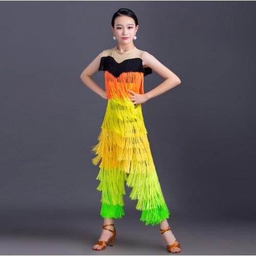 Latin Dance Dress Girls Sleeveless Colorful Fringed Jumpsuit Salsa Rumba Cha Cha Samba Kids Competition Performance Wear DN6395