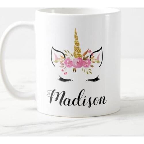 Pink Unicorn Face With Eyelashes Personalized Name Coffee Mug Tea Cup Girly Gold Eye Lash Unicorn Mugs Cups Girl Birthday Gifts