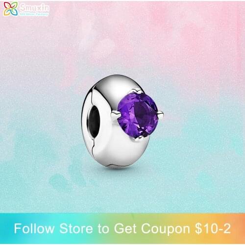 Smuxin 925 Sterling Silver Beads Purple Round Solitaire Clip Charm fit Original Pandora Bracelets for Women Jewelry Making Gift