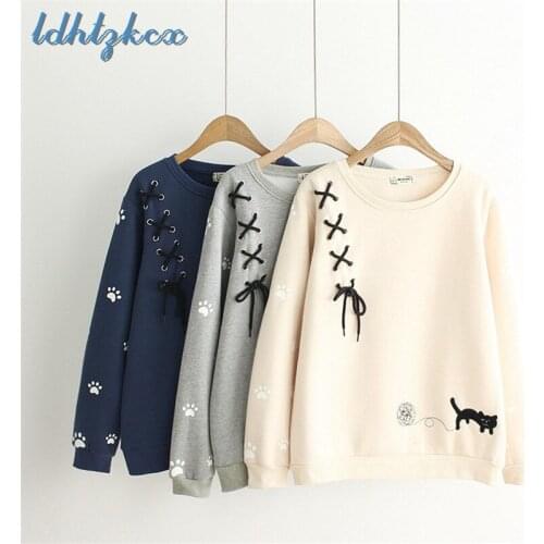 Hoodie Women Loose Long Sleeve Pullover Sweatshirt Autumn Winter New Fashion Casual Cat Embroidery Bandage Hoodies Feminina LD89