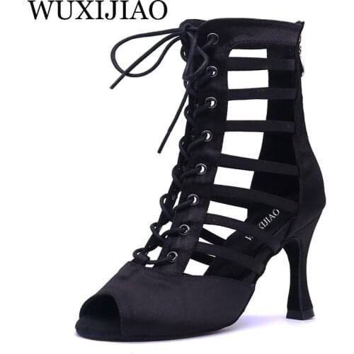 WUXIJIAO Latin dance shoes Women Satin Bronze Black wide thin high heel 9cm Salsa Perform ance Ballroom dancing shoes