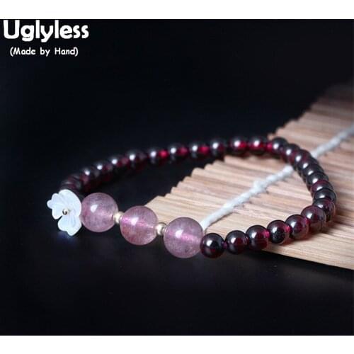 Uglyless 100% Real Handmade Beading Bracelets for Women Garnet Balls Bracelet Elastic Rope Bangles Shell Flowers Fine Jewelry