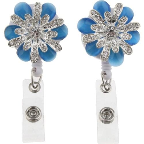 2pcs Bling Rhinestones Retractable Badge Holder, ID/Name Badge Reel Alligator Swivel Clip Flower Pattern, Easy to wear