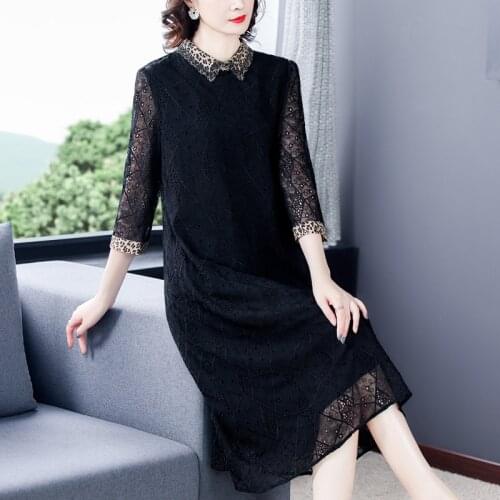 2021 Spring Lace Embroidery Black Vintage Midi Dress Autumn Casual Beach Loose Leopard Dress Women Elegant Bodycon Party Vestido