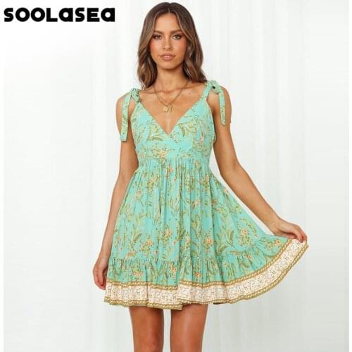Soolasea New V-neck Summer Women Dress 2021 Fashion Print Tie Up Spaghetti Strap Mini Sundress Sexy Backless Female Vestidos