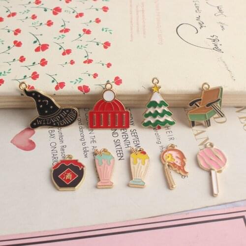 10pcs/lot Cute Enamel Hat Lollipop Milk tea Matches Rocking chair Charms Necklace Bracelet Earring DIY Jewelry Findings XL1145