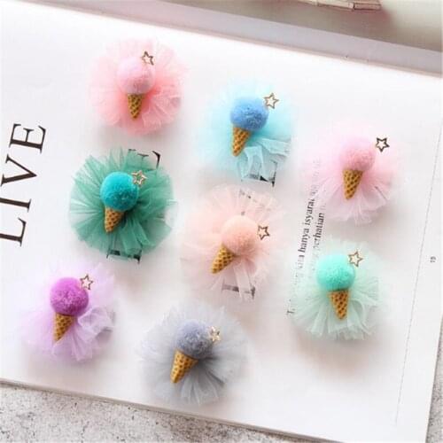 15pcs/lot New Fashion Cute Gauze Floral Icecream Pom Pom Hairpins Candy Color Gauze Mesh Star Hair Clips Princess Headwear