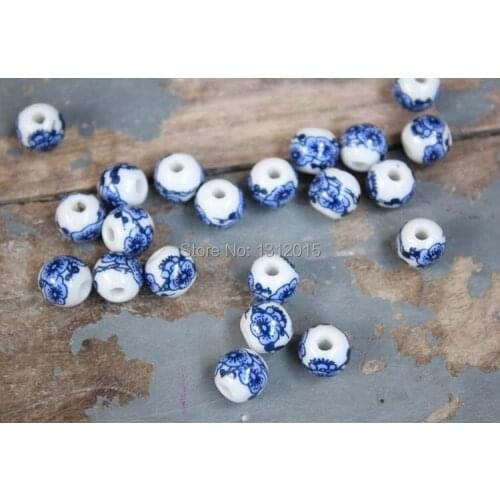 On sale 10/12mm 50pcs Diy blue and white Porcelain Ceramic round Beads,Flower pattern Spacer beads Free shipping YS0015