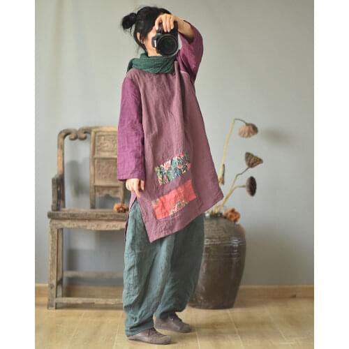 Women Loose Patchwork Linen Long Blouse Tops Ladies Vintage Flax Spliced Vintage Shirt Blouses Femael 2020 Autumn Blouse