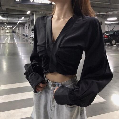 Black v-neck designer fashion brand Women Blouses autumn casual style crop top shirts Korean loose ladies tops new moda feminina