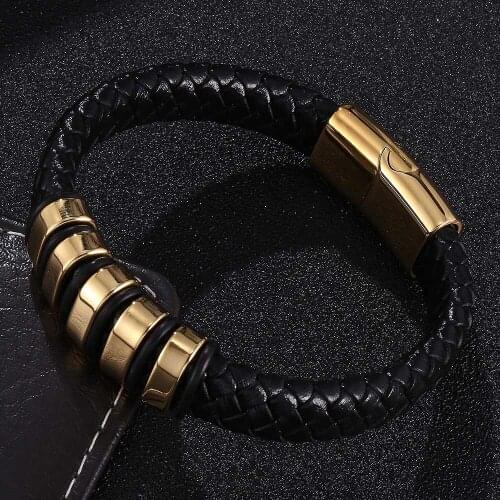 Black Braid Genuine Leather Bracelet Men Golden Stainless Steel Magnetic Clasp Woven Bangle Pulseira
