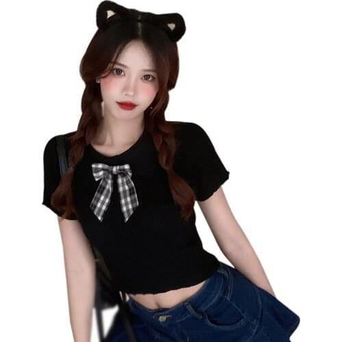 DAXIN Summer Vertical Stripeed Short Knitwear Top Womens Bow Lapel Slim Short Sleeved Korean Style Tee Shirt Sweety T-shirt