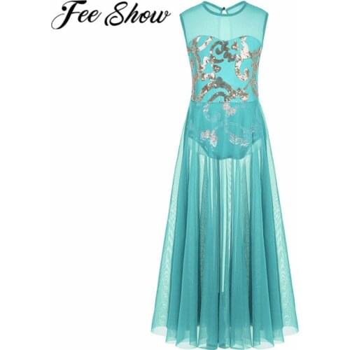 FEESHOW Girls Shiny Floral Sequins Leotard Dress Kids Mesh Celebration of Spirit Praise Lyrical Ballet Modern Dance Latin Dress
