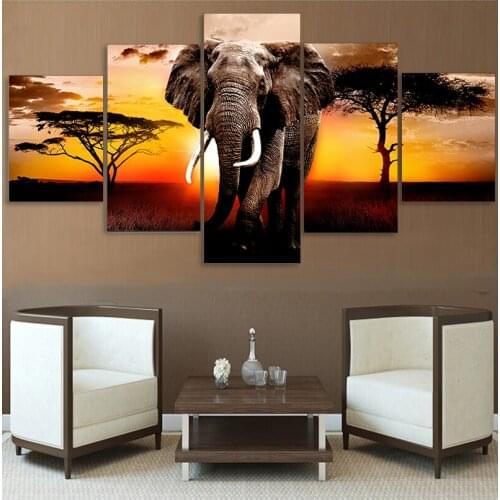 Canvas Pictures Home Decor 1 Piece Walking Elephant Sunset Africa Grassland Scenery Painting Prints Poster Living Room Wall Art