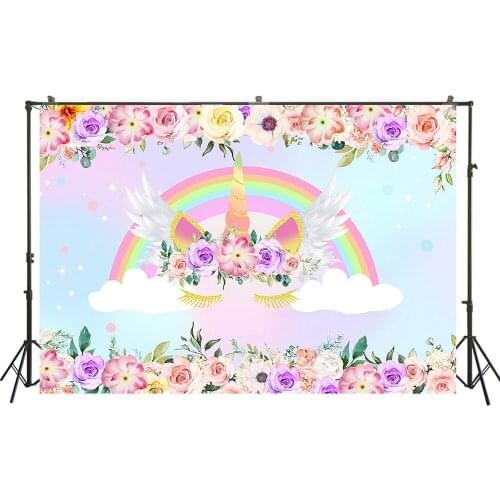 HUAYI Photography Backdrop Birthday Party Desserts Cake Table Decor Photo Background Unicorns Flowers Baby Shower BackdropW-3642