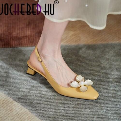 【JOCHEBED HU】2021 Flower Elegant Sandals Back Strap Buckle Women Shoes Genuine Leather Kid Suede Female Square Heels Big Size 33