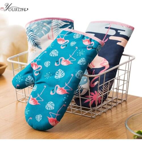 OYOURLIFE Cartoon Flamingo Microwave Oven Gloves Kitchen Thickened Heat Non-slip Resistant Protector Gloves Cooking BBQ Mitts