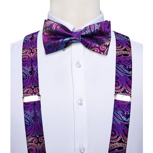 Fashion Purple Floral Mens Suspenders Bow Tie Set Elastic Y-Back 6 Clips Braces Wedding Party Accessories Suspenders DiBanGu