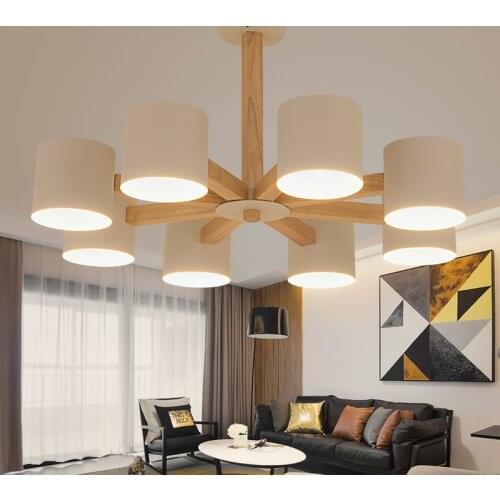 Modern Wood Chandelier Lights Living Room Bedroom White Lampshade Wooden Hanglamp Art Decor Luminaire Lamparas Lighting