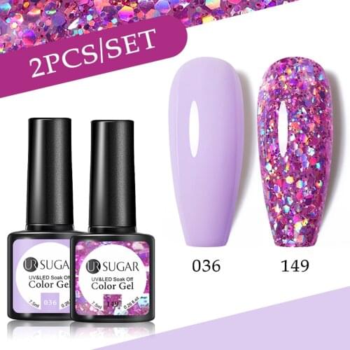 UR SUGAR 2PCS Gel Polish Set Purple Nude Glitter Sequins Bright Effect Gel Long Lasting Base Top Coat Nail Art Design Hybrid