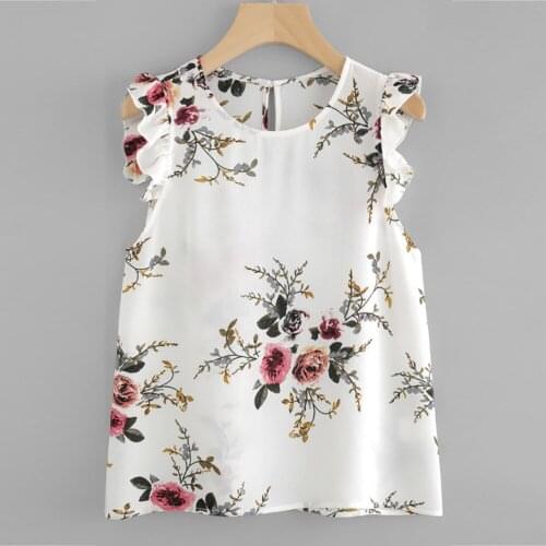 Women Floral Print Tank Tops Blouse Ruffle Butterfly Sleeve Blouse Crop Tops Vest Tank Summer Casual Ladies Chiffon Shirt 2021