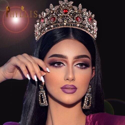 A29 Wedding Tiaras and Crowns Red Rhinestone Bridal Hair Jewelry Retro Crystal Women Headpiece Baroque Headdband Queen Headwear